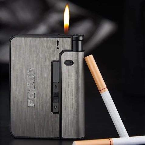Distributeur Boite boitier étui 10 Cigarettes avec Briquet tempête Argent.